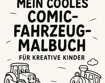 Op de afbeelding: Zwart-wit kleurboekomslag met cartoonvoertuigen: een auto, vliegtuig, tractor, monstertruck en trein. De tekst luidt "Mein Cooles Comic-Fahrzeug-Malbuch Für Kreative Kinder."