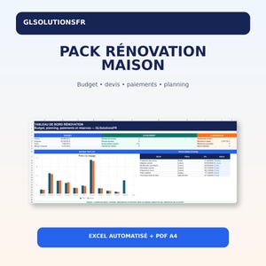 Peut inclure: Un modèle de tableau de bord de rénovation de maison intitulé PACK RÉNOVATION MAISON par GLSOLUTIONSFR. Il comprend des sections pour le budget, les devis, les paiements et le planning, avec un graphique à barres et une liste de tâches.