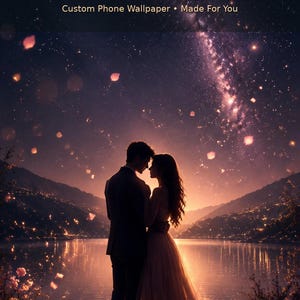 Può includere: Uno sfondo per telefono personalizzato con la silhouette di due persone vicino a un lago sotto un cielo stellato con petali fluttuanti. Il testo recita: YOUR PHOTO, ANIMATED. Custom Phone Wallpaper • Made For You. La scena include delle montagne.