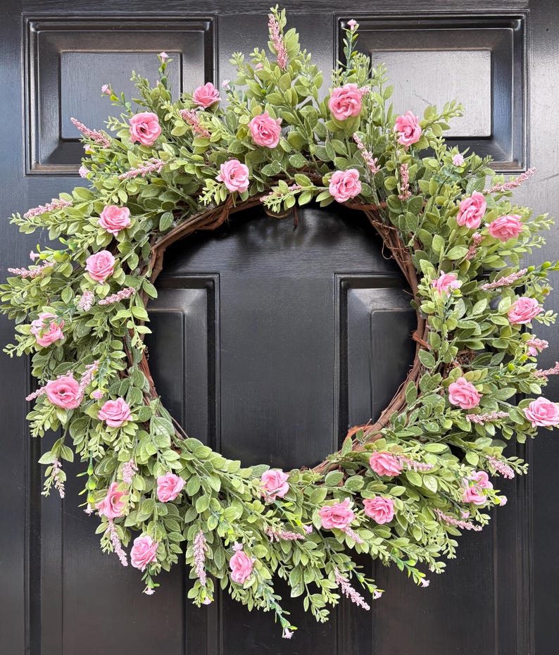 Elegant Pink Rose Garden Inspired Wreath for Spring Summer Every Day ...