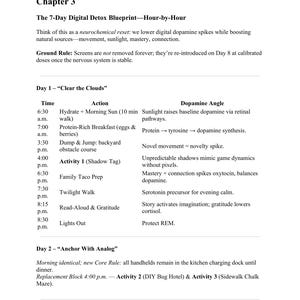 May include: A detailed page from a digital detox guide, titled "Chapter 3." It outlines a 7-day plan with daily activities, including times, actions, and dopamine angles. The text is in black font on a white background.