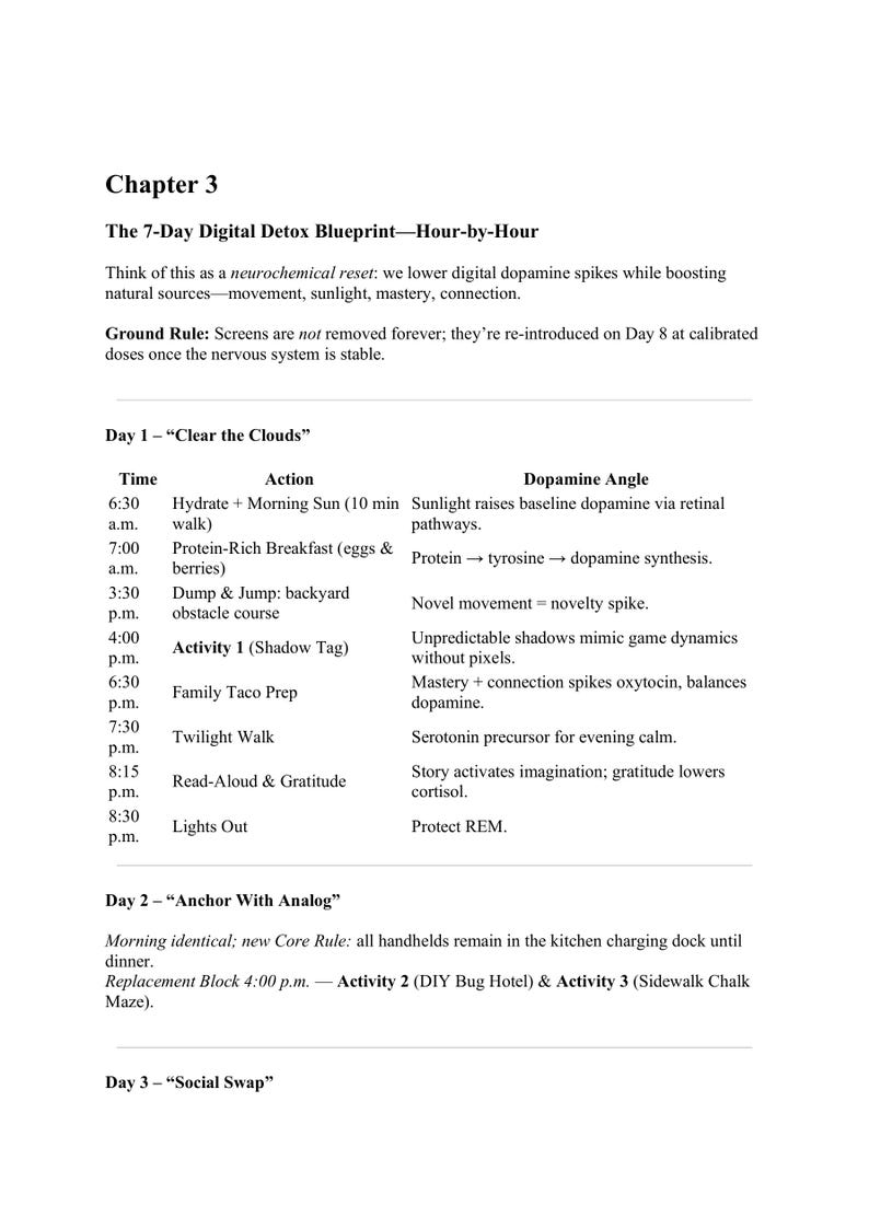 May include: A detailed page from a digital detox guide, titled "Chapter 3." It outlines a 7-day plan with daily activities, including times, actions, and dopamine angles. The text is in black font on a white background.