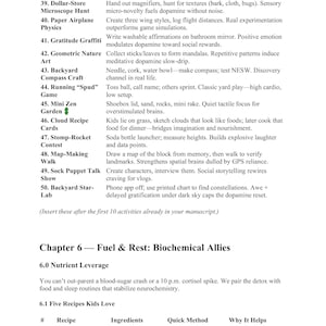 May include: A page from a book with a list of activities and descriptions. The activities include making paper airplanes, creating mandalas, and making a compass. There is also a recipe for overnight oats with berries.