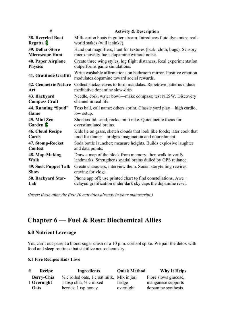 May include: A page from a book with a list of activities and descriptions. The activities include making paper airplanes, creating mandalas, and making a compass. There is also a recipe for overnight oats with berries.