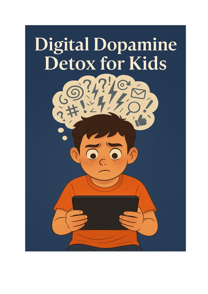 May include: Illustration of a child holding a tablet, with a thought bubble above his head filled with symbols. The text "Digital Dopamine Detox for Kids" is at the top. The child is wearing an orange shirt.