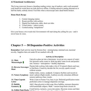May include: A page of text with headings and numbered lists. The text describes activities and concepts related to emotional architecture and dopamine-positive activities, including a mini-meteorologist project and a reverse scavenger hunt.