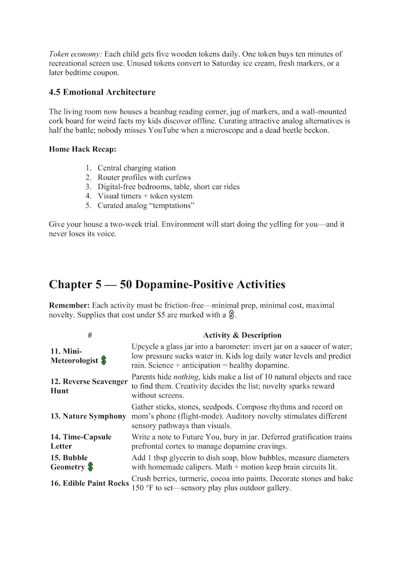 May include: A page of text with headings and numbered lists. The text describes activities and concepts related to emotional architecture and dopamine-positive activities, including a mini-meteorologist project and a reverse scavenger hunt.