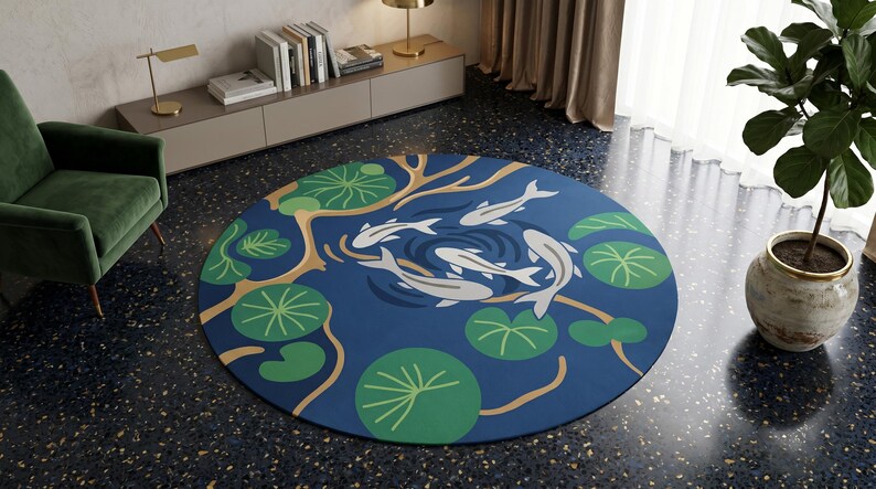 Hand Tufted Wool Rug | Japanese Koi Fish, Lily Pads, Zen Carpet - Etsy