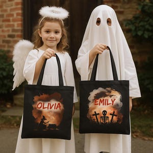 Kundenspezifische Halloween schwarze Einkaufstasche für Süßes oder Saures, personalisierte Einkaufstasche Kürbis Hexe Skelett Leinwand Goodie Geschenktasche, Gruppe Squad Tasche