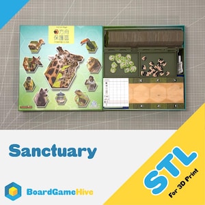 May include: An open board game box titled "Sanctuary" with the text "STL For 3D Print". The box displays illustrations of animals like a giraffe and toucan. The game's components are visible inside the green box, including cards and game pieces.