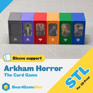 May include: A row of six multi-colored card storage boxes for Arkham Horror: The Card Game. Each box features a different color, including gray, purple, red, orange, green, and blue. The boxes have images of characters and the text "Sleeve support" and "Arkham Horror The Card Game".