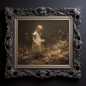 以下が含まれることがあります： 暗く装飾的な黒いフレームに入った絵画。このアートワークは、クリーム色のドレスを着た若い女の子が花とカボチャを花とカボチャの畑で持っている様子を描いています。背景にはぼやけた人物がいます。