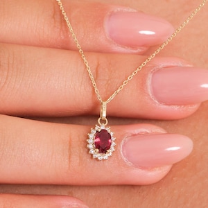 14K Solid Gold Oval Ruby Halo Pendant Necklace: July Birthstone Charm