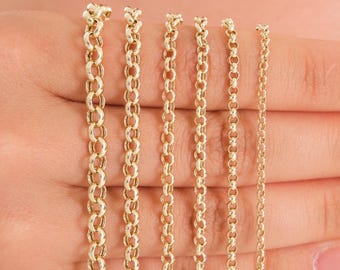 14K Solid Gold Rolo Link Chain Necklace: Diamond Cut Belcher Chain