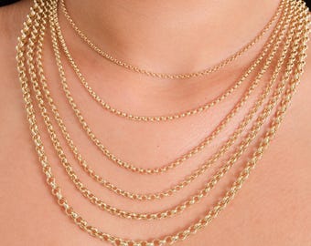 14K Solid Gold Rolo Link Chain Necklace: Diamond Cut Belcher Chain
