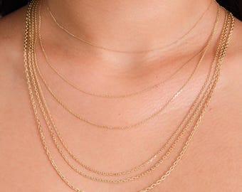 14K Solid Gold Diamond Cut Cable Chain: Durable Unisex Layering Necklace