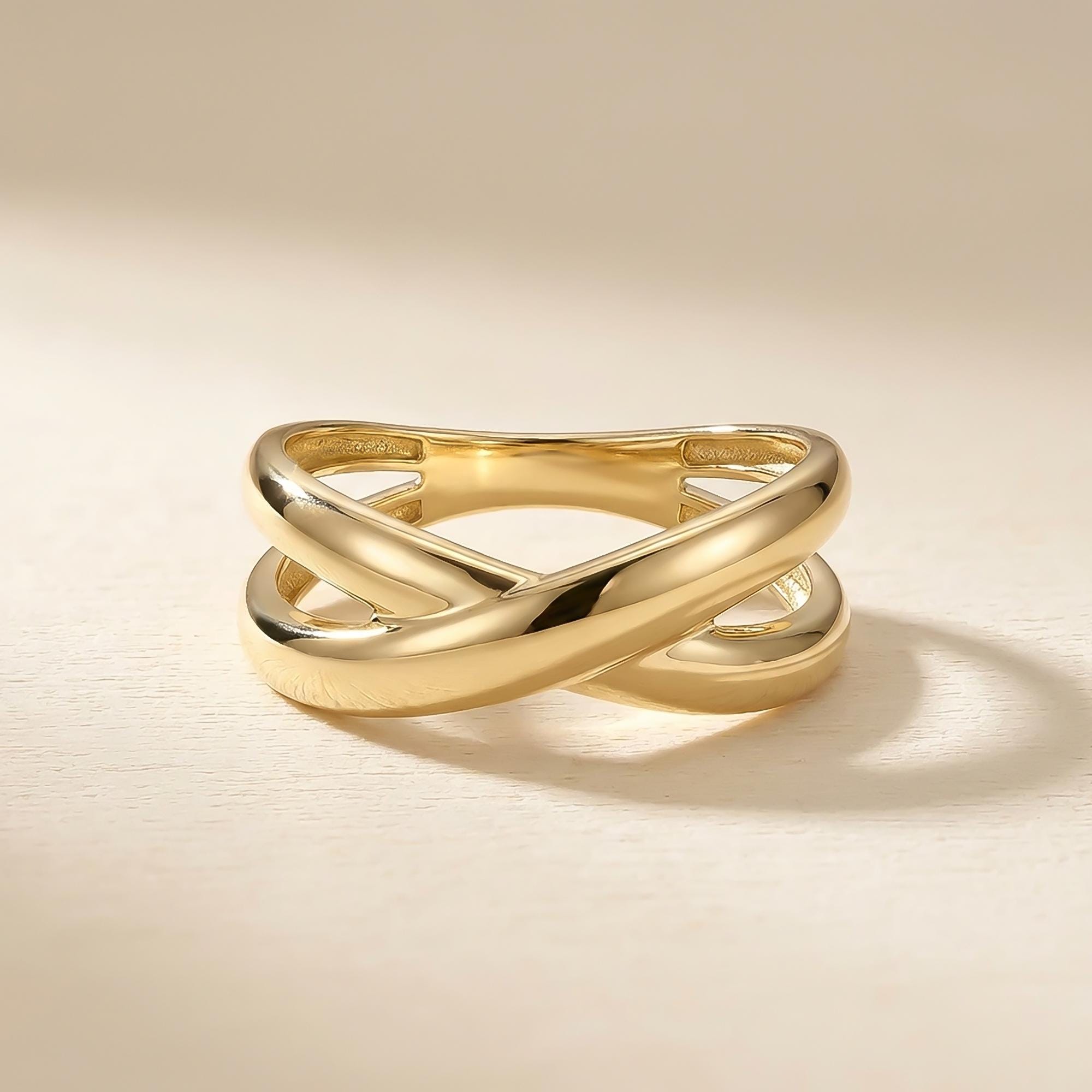 Cross Ringer Classy 14K Solid Gold Criss Cross Ring, Modern Crossover Sculptural Band - Etsy