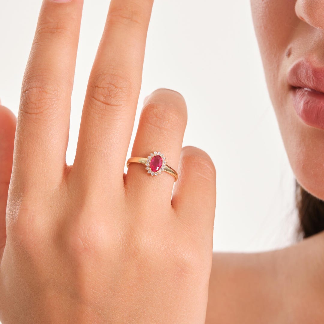 14K Solid Gold Oval Ruby Halo Engagement Ring, July Birthstone Jewelry ...