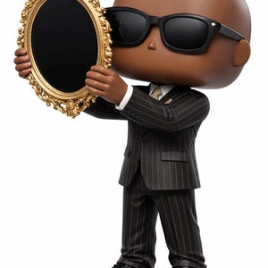 May include: A figurine of a man in a pinstripe suit and sunglasses holding a gold-framed mirror. The figure is standing on a black base, with black shoes. The mirror has an oval shape.