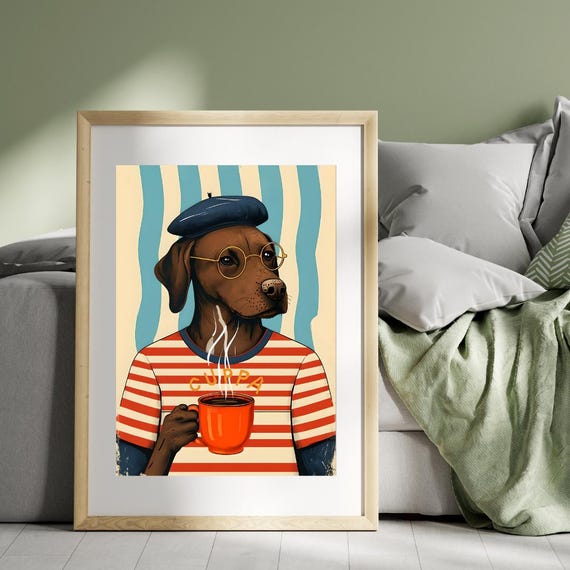Whimsical Dog Drinking Coffee Art Print – Dog in Beret With 