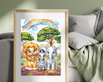 Trendy Safari Friends Nursery Wall Art - Watercolour Art, Nursery Art | Digital Download