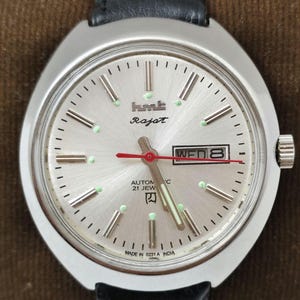 Vintagerenoverad HMT Rajat-klocka med silverfärgad urtavla, mekanisk automatisk klocka | Armbandsur med 21 juveler.