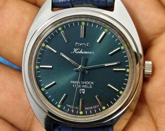 Vintage HMT Kohinoor Mechanical Watch: Blue Dial, 17 Jewels, Made in India