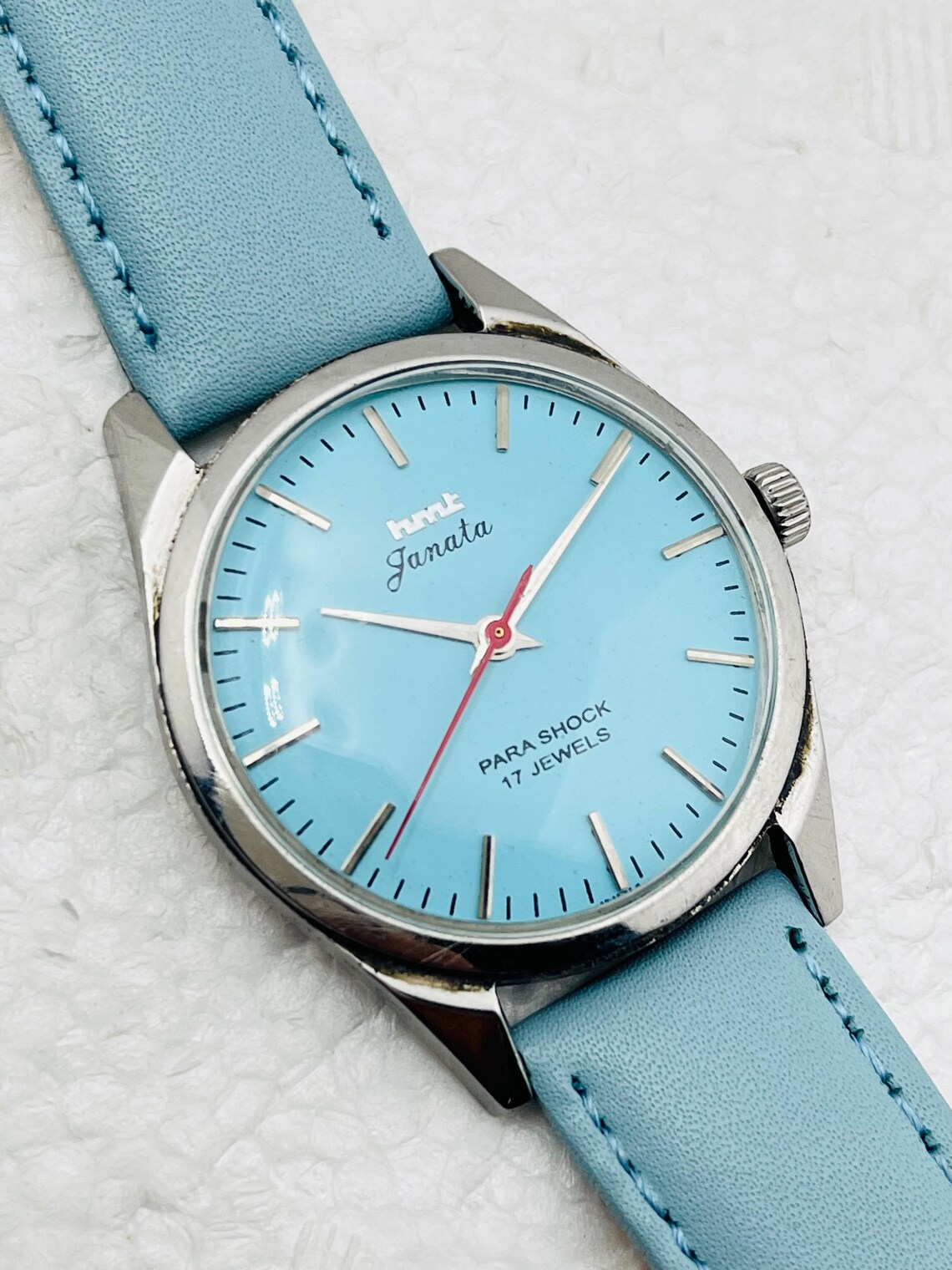 Refurbished HMT Janata Sky Blue Dial Watch | 17 Jewels Mechanical Wristwatch, foto 4 de 5