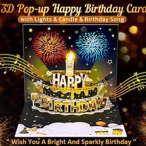 May include: A 3D pop-up birthday card featuring a cake, fireworks, and musical notes. The card displays the words "Happy Birthday" in gold and the message "Wish You A Bright And Sparkly Birthday".