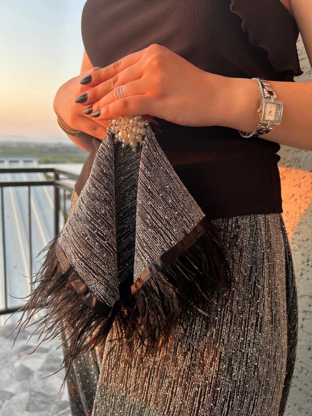 Elegant Handmade Albanian Wedding Dance Scarf - Black Feathered & Pearl ...