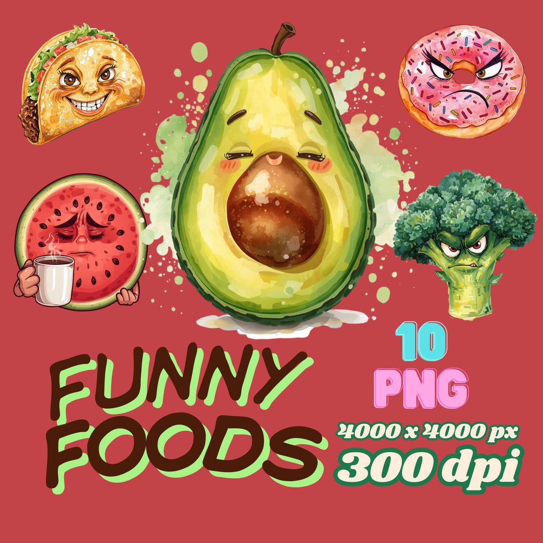 Fun Food Graphics Funny Food Clipart: Watercolor Cartoon Illustrations (PNG Instant ...