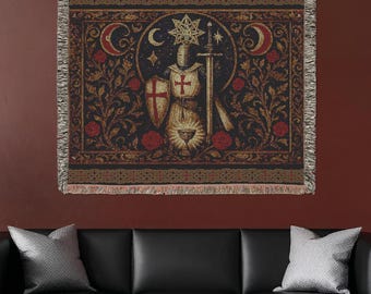 Geweven jacquardtapijtdeken Graal en roos Sacred Knight | Middeleeuws wanddecoratie
