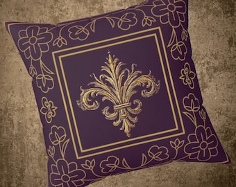 Cojín decorativo Fleur Royale / Dorado sobre ciruela Cojín de lujo estilo Renacimiento francés
