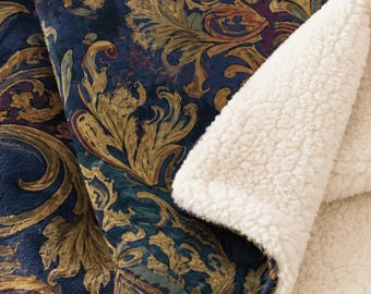 Crown Jewel Scrollwork Sherpa Blanket | Victorian Damask Fleece Throw with Cozy Sherpa Back