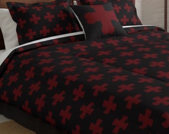 Juego de cama Shadow Cross Crusader / Edredón de inspiración medieval oscura con fundas y almohada