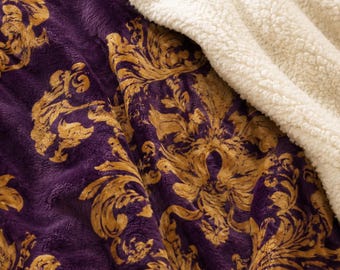 Amethyst Fleece Sherpa Blanket | Dramatic Cozy Purple Throw | Elegant Luxury Plush Decor | Velvety Soft Home Accent | Royal Damask Style