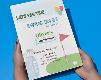 Invitación de cumpleaños de Let's Par Tee, plantilla editable, descarga digital