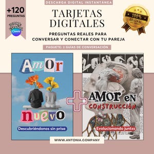 Puede incluir: Tarjetas digitales con el texto "TARJETAS DIGITALES" y "PREGUNTAS REALES PARA CONVERSAR Y CONECTAR CON TU PAREJA". La imagen incluye dos guías con las palabras "Amor" y "nuevo" y "Amor en Construcción".
