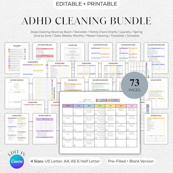 ADHD Cleaning Planner Package - Editable Instant Download & Printable Formats (US Letter, A4, A5, Half Letter)