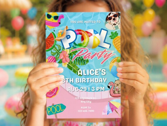 Pool Party Birthday Invitation Template, Summer Birthday Invite, Kids Pool Party Invite, Editable Canva Invitation