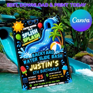 May include: A black rectangular invitation card featuring a blue water slide, a yellow sun, sunglasses, a red balloon, a beach ball, and a popsicle. The text reads: YOU'RE INVITED TO A SPLISH SPLASH BACKYARD WATER SLIDE BASH TO CELEBRATE JUSTIN'S 5TH BIRTHDAY.