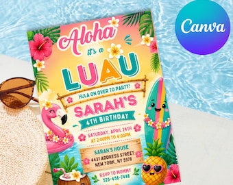 Aloha Pineapple Pool Birthday Invitation, Luau Party Invite, Tropical Summer Theme Invitation, Editable Canva Template