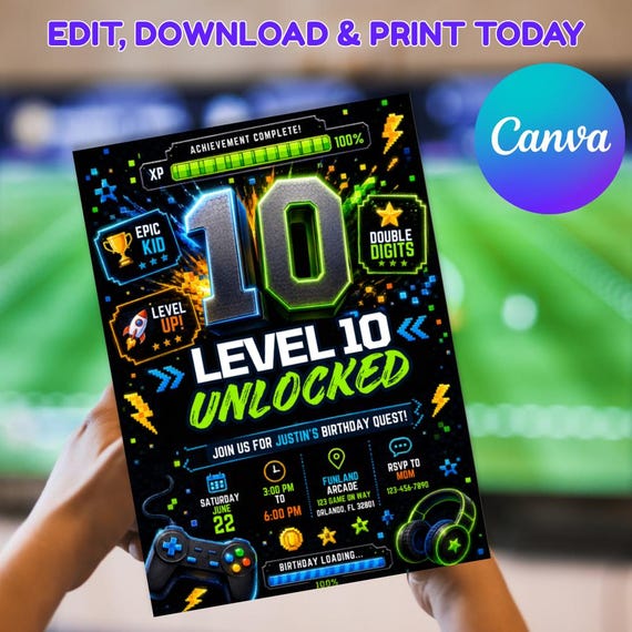 Level 10 Unlocked Birthday Invitation | Gamer Party Invite (Digital Download)