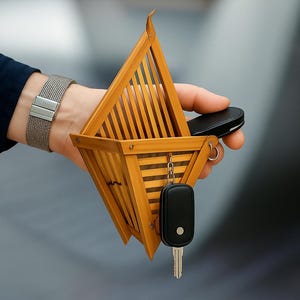 以下が含まれることがあります： 三角形のデザインの幾何学的な木製キーホルダー。ホルダーは明るい茶色の木材でできており、垂直のスラットがあります。黒い車のキーとキーフォブがホルダーからぶら下がっています。手首にはシルバーの時計があります。