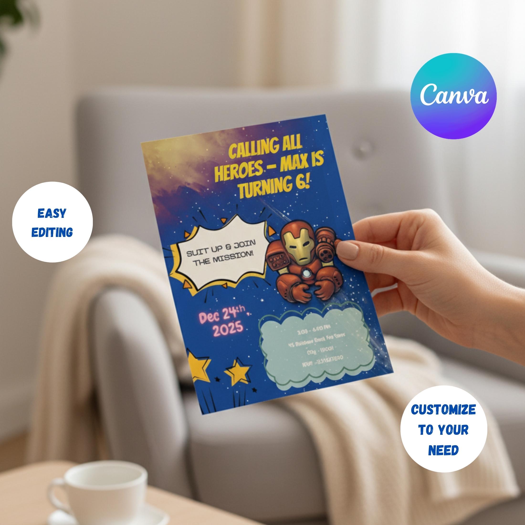Superhero Iron Man Birthday Invitation, Editable Canva Template ...