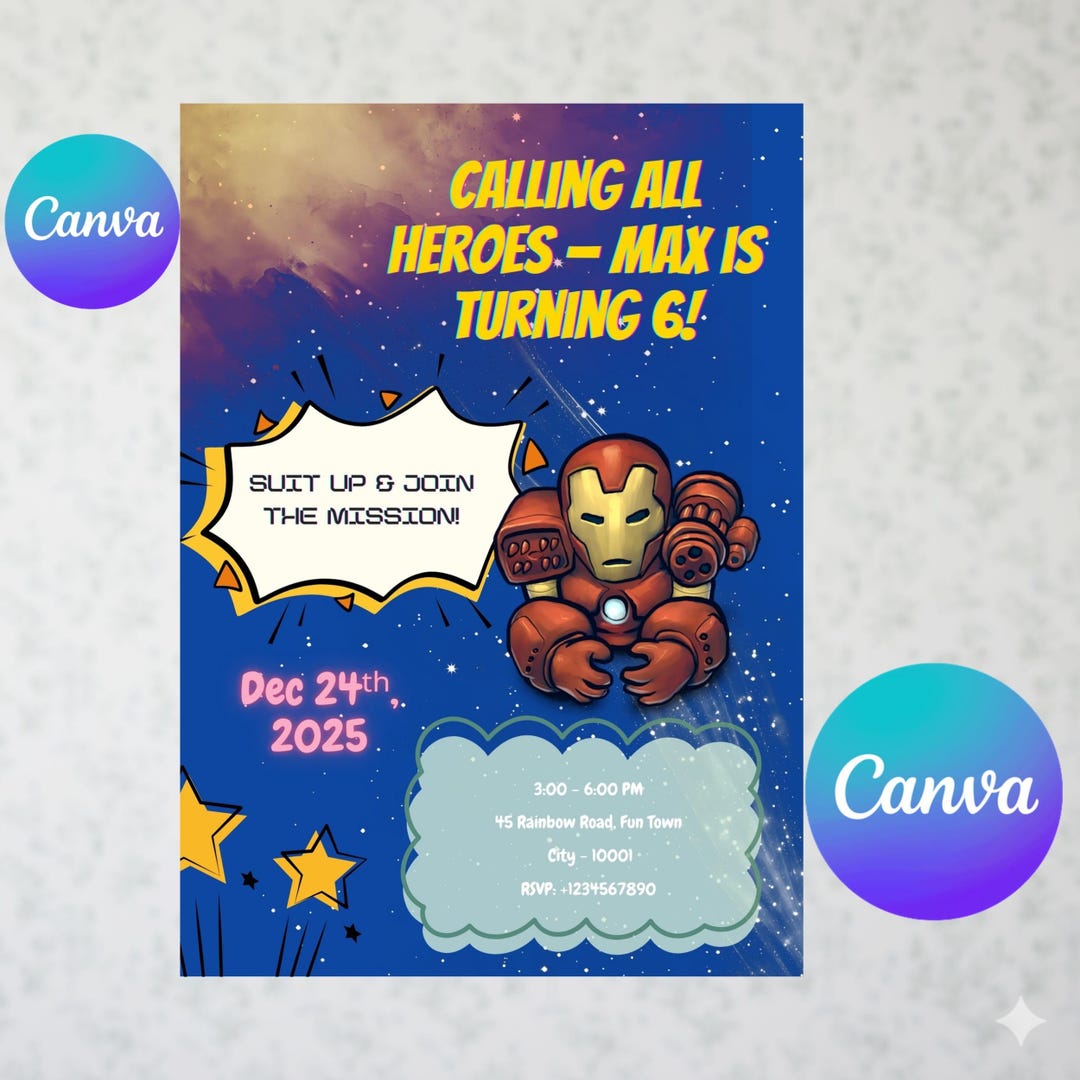 Superhero Iron Man Birthday Invitation, Editable Canva Template ...