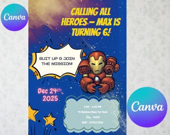Superhero Iron Man Birthday Invitation, Editable Canva Template, Digital Download 5×7 4×6 All Ages, Boys Birthday Invitation Editable Files