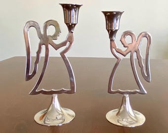 Vintage Handmade Silver Plated Angle Candlestick Holder India, International Silver Co. Set of 2