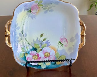 Antique Hand Painted Nippon Porcelain Serving Dish, Double-Handled Floral Gold Accents Centerpiece, 9.5-Inch Japanese