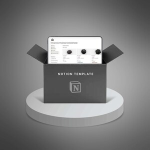 May include: A gray box labeled "NOTION TEMPLATE" with the Notion logo, open to reveal a tablet displaying a business command center interface. The box sits on a white cylindrical pedestal against a gray gradient background.